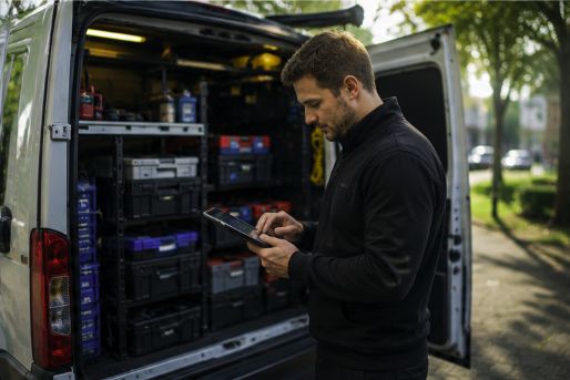 Monteur bij servicebus voor werk op locatie