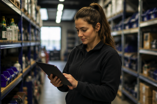 Medewerker controleert voorraad en onderdelen