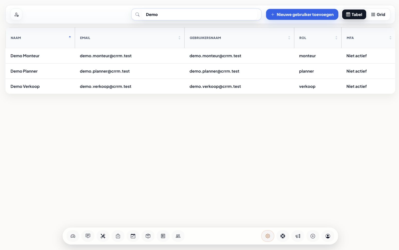 User management in CRRM with demo users and roles