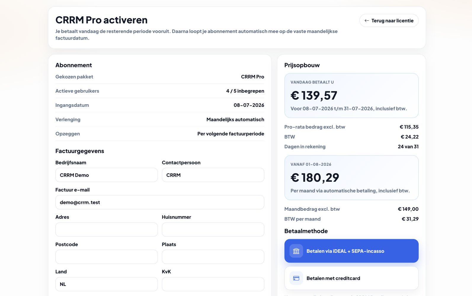 CRRM licentie activatie met iDEAL en SEPA opties