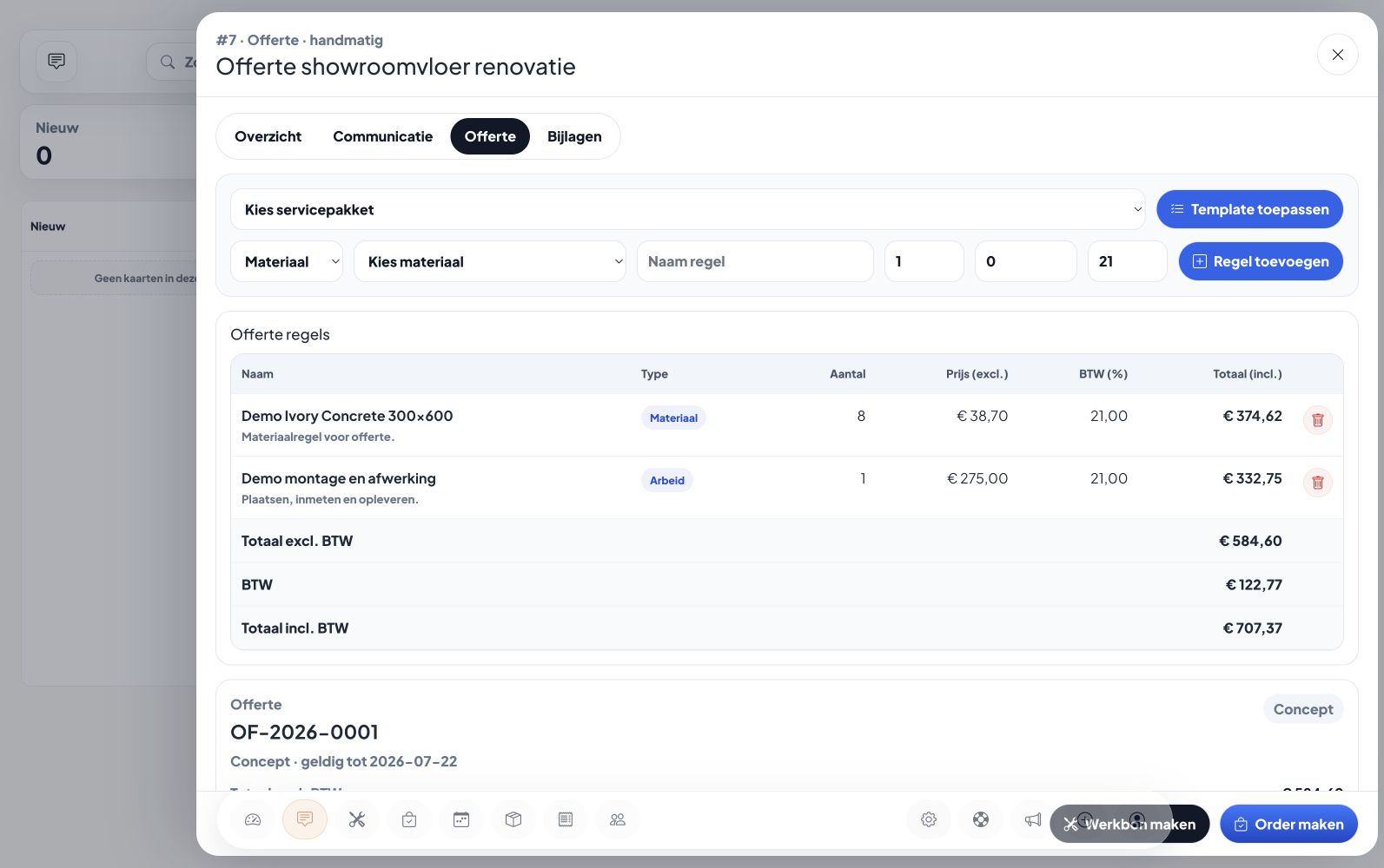 Offerte detail in CRRM met regels, btw, totaal en vervolgacties